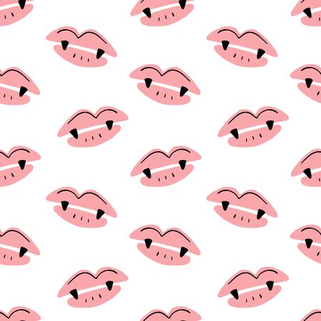 Seamless pattern illustration with cute vampire mouth lips. Halloween girl character concept. Vector EPS clip artのイラスト素材