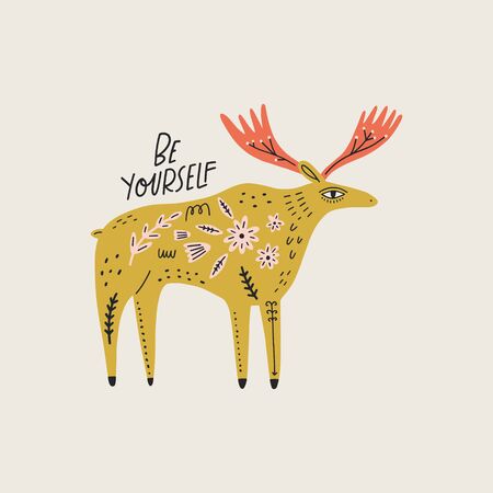 Modern folk tribal boho patterned animal in Scandinavian style. Floral Slovak ornament, inspired by northern mythology and fairy tales. Swedish folklore drawing, Nordic flowers pattern. Woodland characters concept. Ornate moose. Vector EPSのイラスト素材