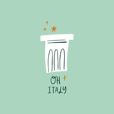 Modern cartoon colorful flat stylized Italian symbol and lettering, cute illustration. Doodle landmarks concept, traditional object of Italy. Architecture element theme. Vector EPS clip art designのイラスト素材