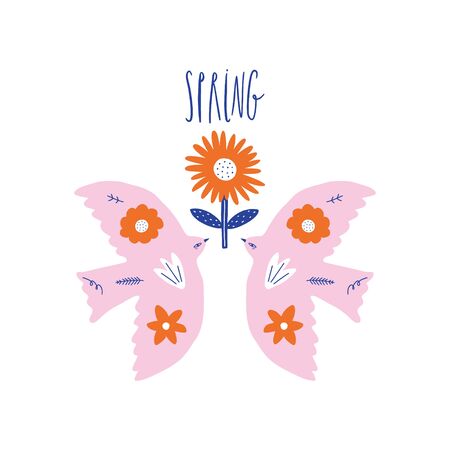 Spring lettering greeting card. Birds with folk nordic floral ornaments. Paper cut animals in flat modern scandinavian style. Hand drawn colored set. Hygge and lagom design concept. Vector EPS clip artのイラスト素材