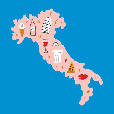 Modern cartoon colorful flat stylized Italian map with icons, symbols, cute illustration. Doodle landmarks concept, food and drinks of Italy. Vector EPS clip art designのイラスト素材