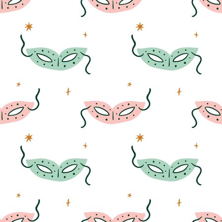 Modern cartoon colorful flat Italian seamless pattern  masks. Doodle landmarks concept, traditional object of Italy.のイラスト素材