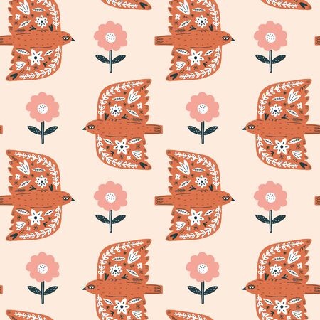 Spring seamless pattern. Birds with folk nordic floral ornaments. Paper cut animals in flat modern...