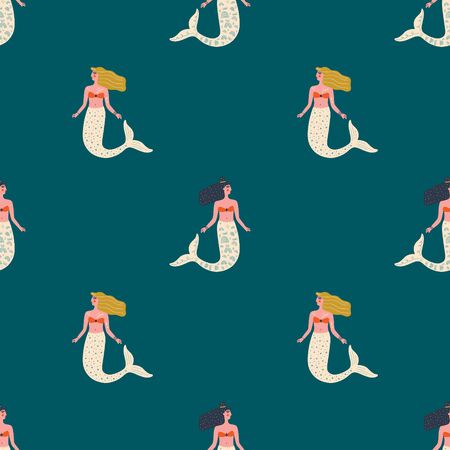 Vector seamless pattern with cute flat mermaids and seaweed in pastel color. Beautiful girl character. Sea princess art conceptのイラスト素材