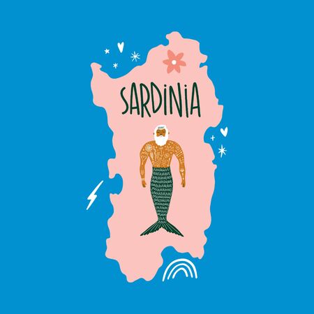 Modern cartoon colorful flat stylized Italia Sardinia map with mermaid man, cute illustration.のイラスト素材