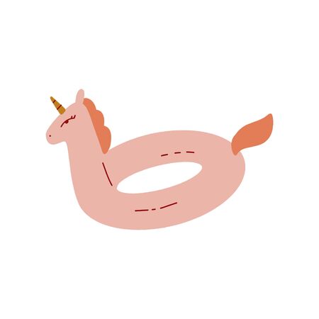 Cartoon Flat Cute Unicorn Pool Float Unicorn Ring Summer Art Print Vector Illustration in Modern Collage Artistic Trendy Styleのイラスト素材