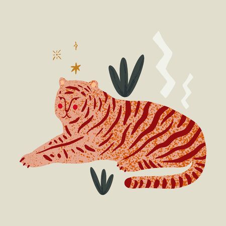 Lying tigress in the jungle. Wild cat, cartoon animal. Freedom and independence concept. Isolated elements. Vector illustrationのイラスト素材