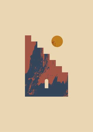 Modern abstract art print. Moon minimalistic landscape scene. Isolated elements. Vector illustration.のイラスト素材