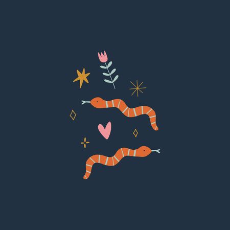 Cute funky print in doodle cartoon style with coral snakes. Funny Valentines love greeting card in...