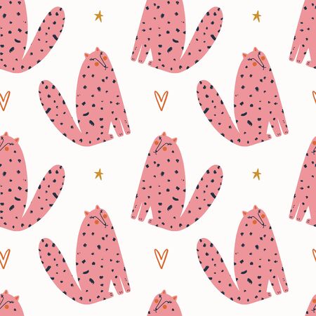 Vector pink funny cat and heart. Happy Valentines Day design template. Seamless pattern.のイラスト素材