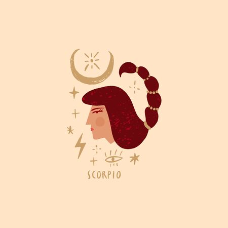 Zodiac girl Scorpio character. Space head sign. Vector illustration.のイラスト素材