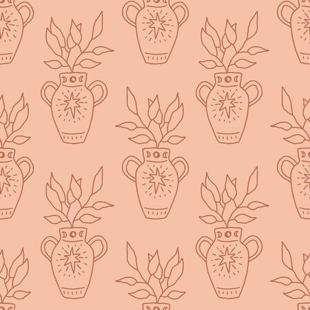 Terracotta antique vase with plant. Line art illustration. Seamless pattern in vector.のイラスト素材