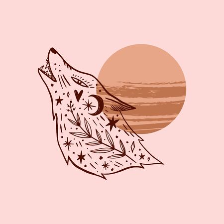 Shewolf wild moonchild. Ornate animal. Modern witch concept. Witchcraft culture. Harmony and zen. Crescent moon magic symbols. Vector illustration.のイラスト素材