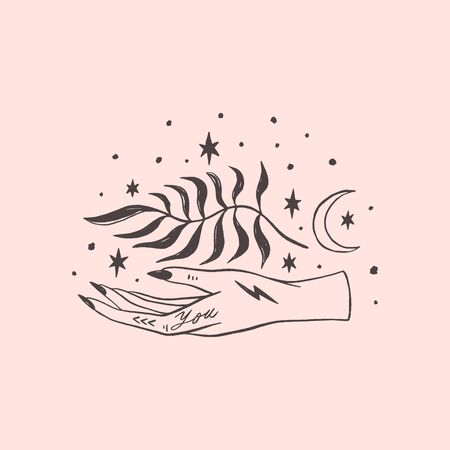 Tattooed hand yoga meditation art. Wild moonchild. Modern witch concept. Witchcraft culture. Harmony and zen. Crescent moon magic symbols. Vector illustration.のイラスト素材