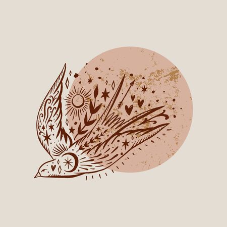 Wild ornate bird. Swallow moonchild. Modern gypsy concept. Love symbol. Harmony and zen. Crescent moon magic symbols. Vector illustration.のイラスト素材