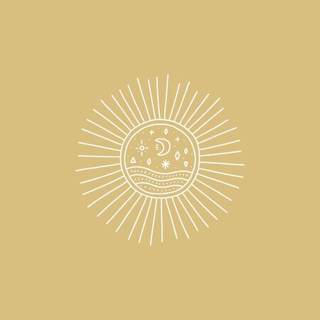 Wild moonchild art. Moon and Sun concept. Witchcraft culture. Harmony and zen. Crescent moon magic symbols. Vector illustration.のイラスト素材