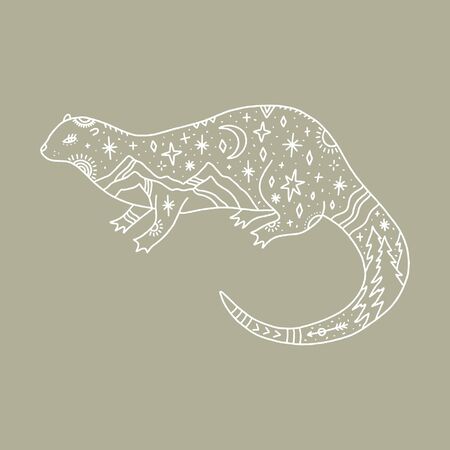 Otter and night landscape inside, double exposure. Wildlife concept. Boho tattoo art, fantasy ethnic style. Ornate animal. Vector illustration.のイラスト素材