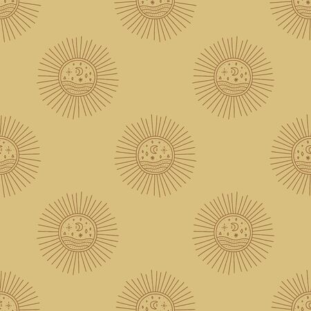 Sun and Moon. Modern boho concept. Harmony and zen. Crescent moon magic symbols. Vector seamless pattern.のイラスト素材