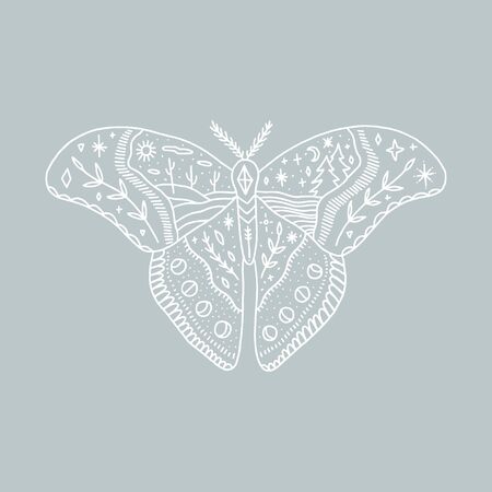 Moon moth. Wildlife concept. Boho tattoo art, fantasy ethnic style. Ornate insect. Vector illustration.のイラスト素材