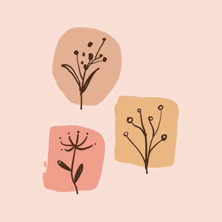 Modern abstract plants art set warm color shapes in scandinavian style.のイラスト素材