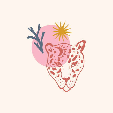 Leopard face abstract drawing art print, collage shapes design.のイラスト素材