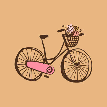 Walking bike with flower basket drawing art print.のイラスト素材