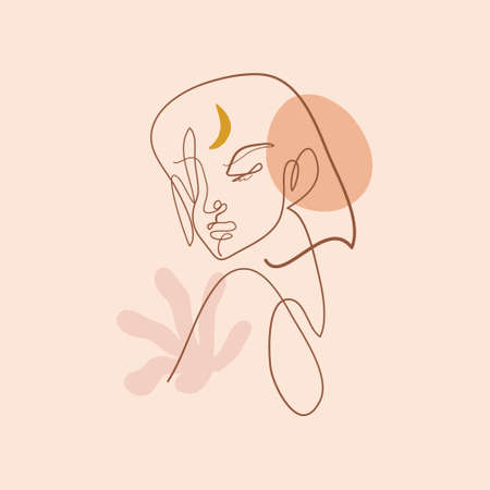 Moon girl face meditation, line art woman drawing.のイラスト素材