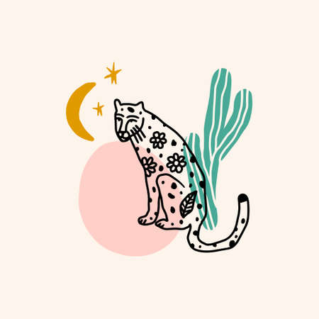 Doodle cat and moon funny cartoon cute leopard desert art print.のイラスト素材