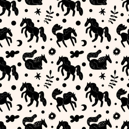 Scandinavian horses and flowers seamless pattern. Scandi folk animals ornament. Nursery rural print.のイラスト素材