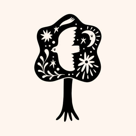 Cute Scandinavian bird and tree art. Folk rural rustic fairytale style, hygge and lagom design. Nordic scandi decor elements.のイラスト素材