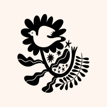 Sun flower art. Folk rural rustic fairytale style, hygge and lagom design. Nordic scandi decor elements.のイラスト素材