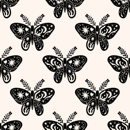 Night moon moth cute illustration art print, ornate butterfly, seamless pattern.のイラスト素材