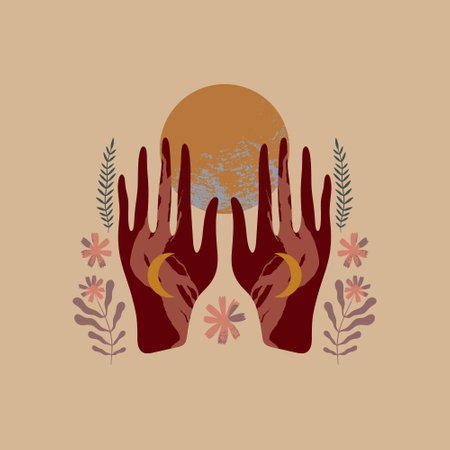 Hands hold full moon. Boho style art, mystical symbol, minimalist trendy style. Magical illustration, spiritual, astrology content image.のイラスト素材
