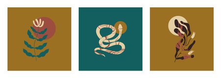 Collection of nature boho abstract mystical poster format illustrations, bohemian hand drawn style. Animal print design, floral objects.のイラスト素材