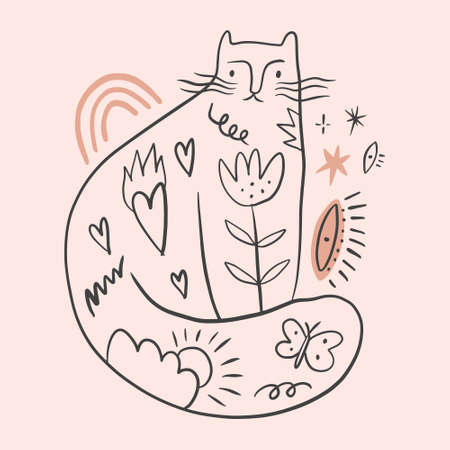 Magical witch cat boho fairytale vector illustrationのイラスト素材