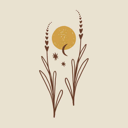 Boho minimalistic tiny lavender branch logo or label vector illustrationのイラスト素材