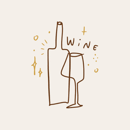 Vector line art wine minimal bottle and glass alcohol linear style labelのイラスト素材