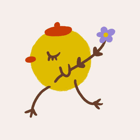 Cute Easter friendly baby chicken bird spring illustration in kawaii styleのイラスト素材