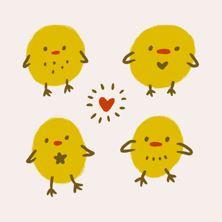 Cute Easter friendly baby chicken bird spring illustration in kawaii styleのイラスト素材