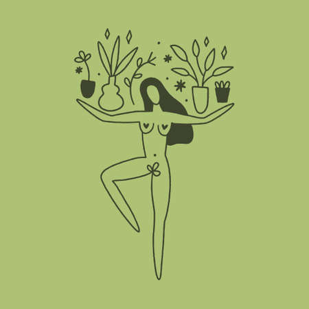 Doodle line silhouette of beautiful young witchy woman with home plants or herbs. Crazy plant lady green witch gardening concept. Good for eco shopper bag, T-shirt and more. Vector illustration.のイラスト素材