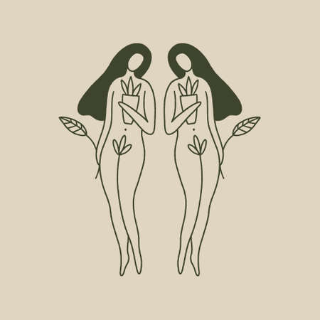 Doodle line silhouette of beautiful young witchy woman with home plants or herbs. Crazy plant lady green witch gardening concept. Good for eco shopper bag, T-shirt and more. Vector illustration.のイラスト素材