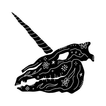 Creepy unicorn skeleton in dark boho style, bohemian skull vector clipart illustration. Ornate floral design. Gothic, macabric medieval horse head with horn. Great for Halloween party, t-shirts printing, tattoo and more.のイラスト素材
