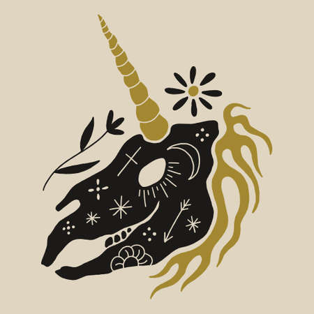 Creepy unicorn skeleton in dark boho style, bohemian skull vector clipart illustration. Ornate floral design. Gothic, macabric medieval horse head with horn. Great for Halloween party, t-shirts printing, tattoo and more.のイラスト素材