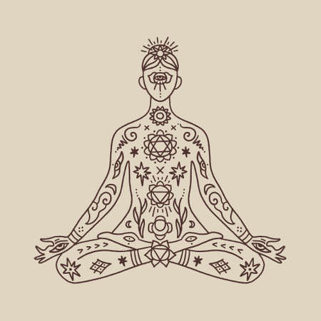 Sitting human in lotus pose, yoga practice. Vector illustration. Samadhi zen composition. Indian, Buddhism, chakras system, spirituality clipart, Bali, Goa. Vipassana practice, retreat. Boho hippie style art.のイラスト素材