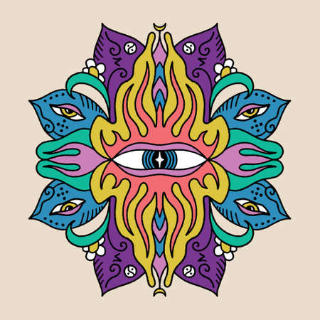 Color trippy magic mandala with human eyes. Vector illustration. Cosmogony psychedelic lucidity concept. Hippie party, rave trance music festival. Distressed groovy funky style print clipart. Perfect for coloring page, tattoo and T-shirt.のイラスト素材