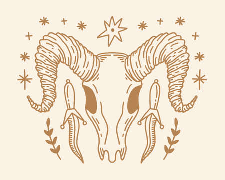 Boho animal ram skull and daggers in tribal witchy dark bohemian vintage retro style. Digital stickers, wild west cartoon doodles decor. Unique vector design. Mexico dangerous desert concept, country and rock music festival.のイラスト素材