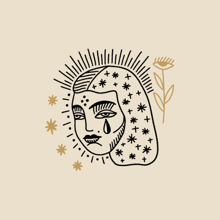 Celestial girl hand drawn face. Gothic dark boho tattoo illustration, isolated woman head drawing in vintage style, mystical gloom character concept.のイラスト素材
