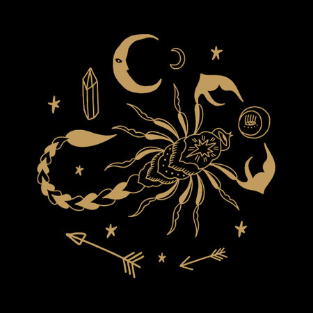 Gold and black scorpion moon Scorpio Zodiac sign vector and jpg printable image, unique clipart illustration, editable isolated details. Perfect for poster or postcard template, t-shirt clothes design, digital stickers and more.のイラスト素材