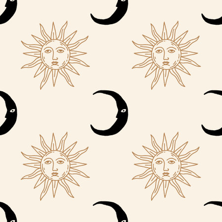 Moon and Sun repeat esoteric ornament. Day and night concept. Boho groovy mystical psychedelic vintage astronomy style, hippie magic seamless pattern, vector background.のイラスト素材