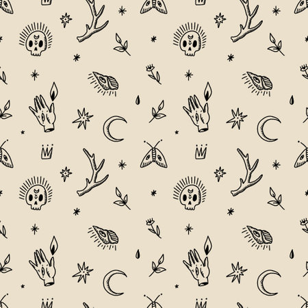 Witchcraft magic doodle things. Vector and jpg printable witchy doodles seamless pattern, unique repeat clipart illustration image, editable isolated details. Perfect for clothes design, wrapping paper, cloth printing template and more.のイラスト素材